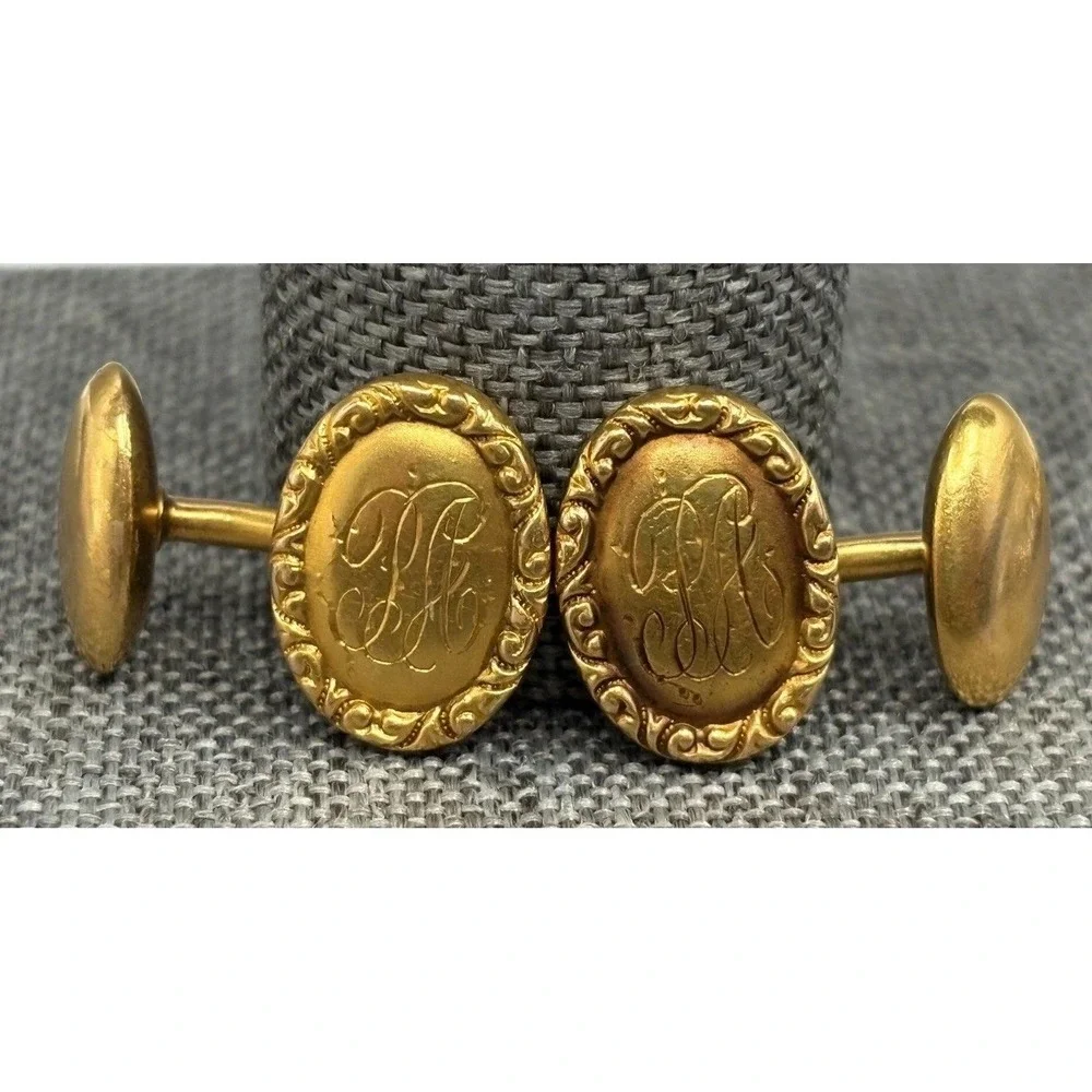 Vintage 14K Solid Yellow Gold Tone Victorian Cufflinks Ornate Etched Initials PA